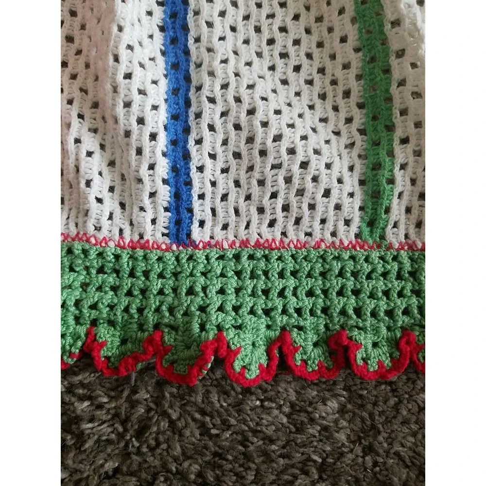 Vintage Crochet Apron Vertical Stripes white, red, green, blue.